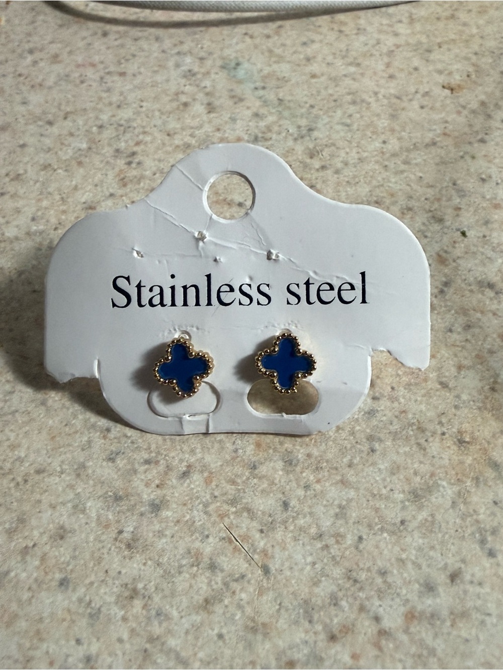 Gold-Trim Blue Clover Stainless Steel Stud Earrings